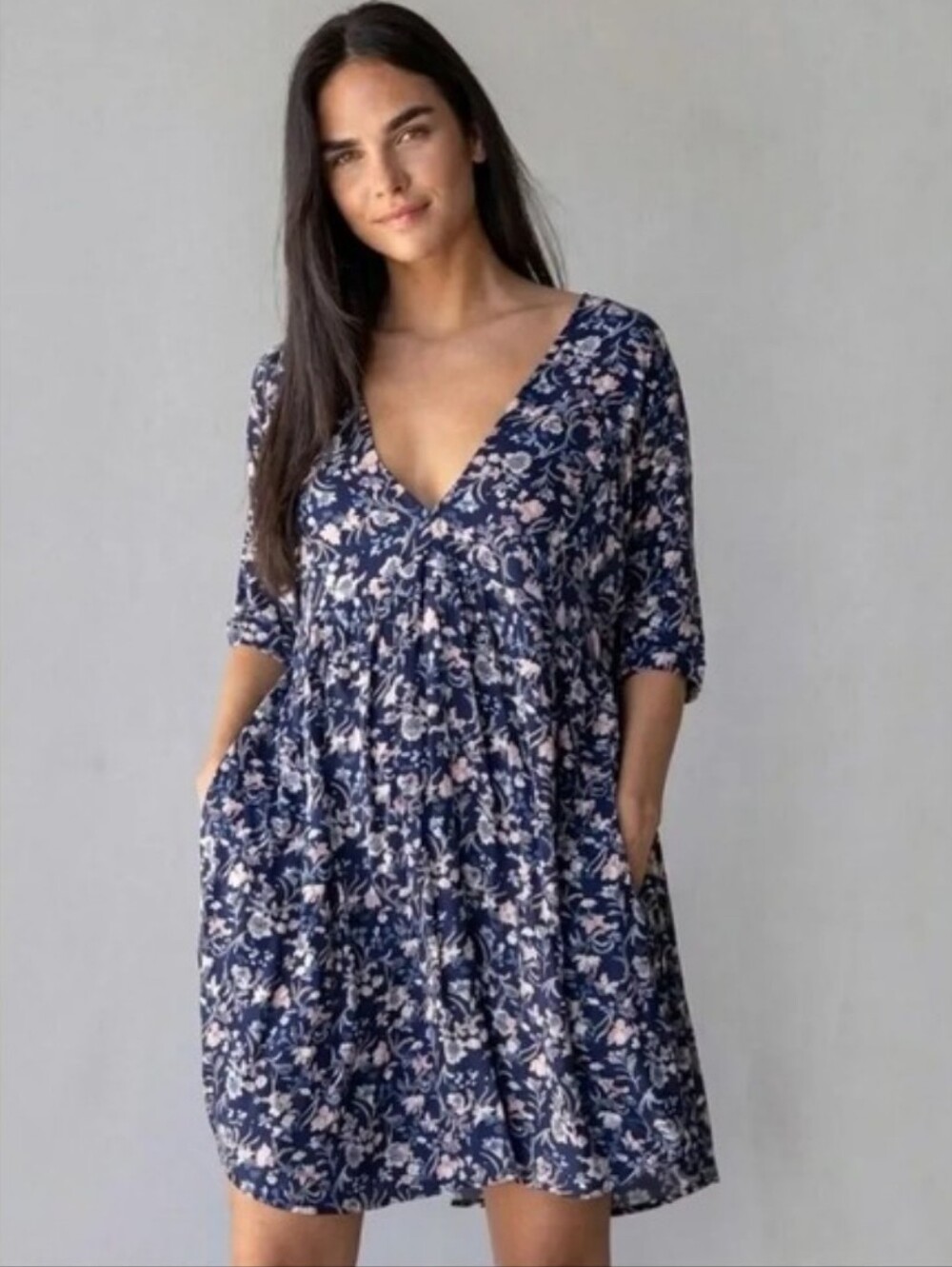 Natural Life Stella navy floral babydoll dress Medium Women's